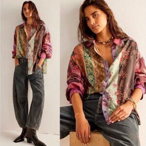 Free People Multicolor Patchwork Boho Blouse Oversized Small